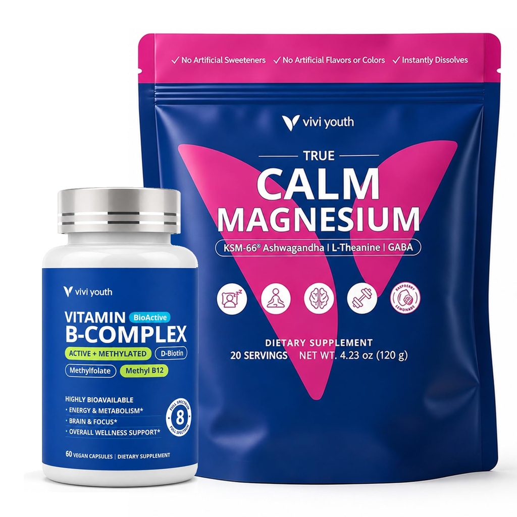 Methylated B Complex for Women + Calm Magnesium Powder, Methyl B12, 5-MTHF & P5P B6, Magnesium Glycinate, KSM-66, L-Theanine & GABA, Energy, Focus & Night Relaxation