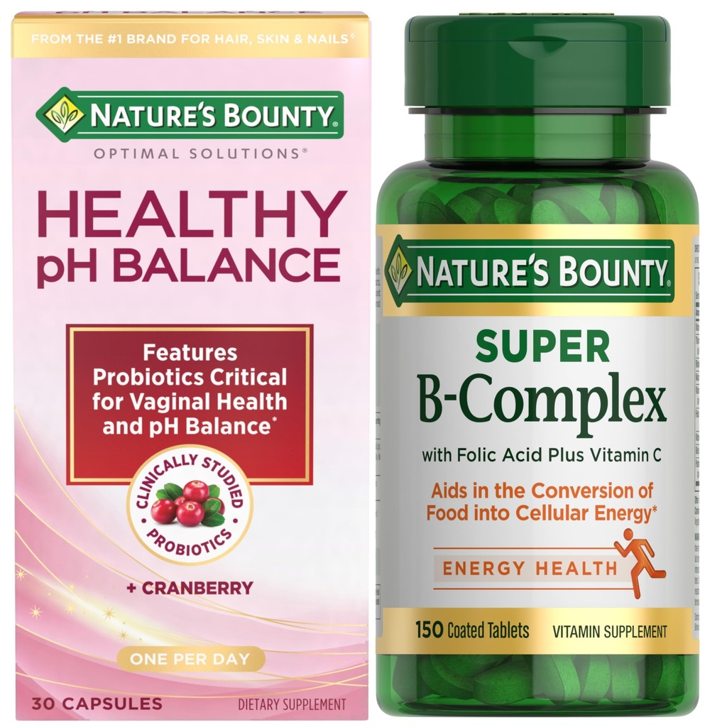 Nature's Bounty Super B Complex with Vitamin C & Folic Acid, 150 Tablets + Healthy pH Balance Vaginal Probiotic, 30 Count – Energy, Immunity & Feminine Health Support Bundle