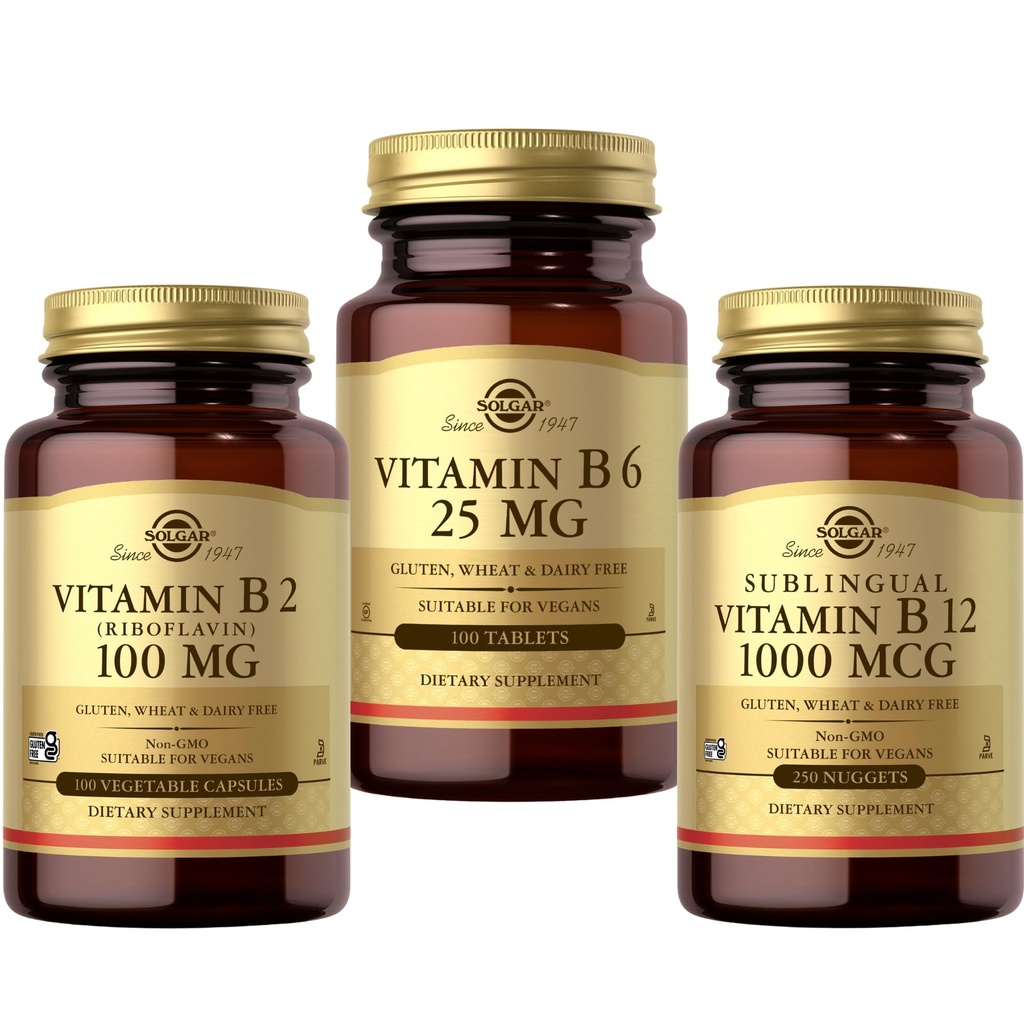 SOLGAR Vitamin B Bundle: B6 25 mg, 100 Tablets + Sublingual B12 1000 mcg Nuggets, 250 Count + B2 (Riboflavin) 100mg, 100 Vegetable Capsules