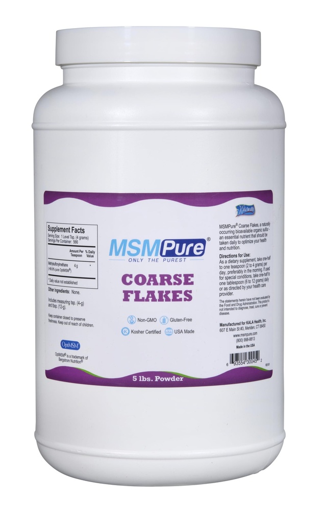 KALA HEALTH MSMPure Coarse MSM Powder Flakes – US-Made MSM for Joint Health, Skin Appearance, and Hair & Nail Support – 5 lb, Organic Sulfur