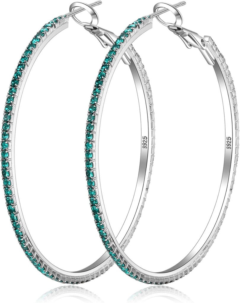 925 Sterling Silver Earrings Large Rhinestone Hoop Earrings Big Cubic Zirconia Hoop Earrings Thin Rhinestones Round Hoop Earrings for Women 20/30/50/60/70 ملم (سباركلي هوبس) مع (كريستال) للنساء