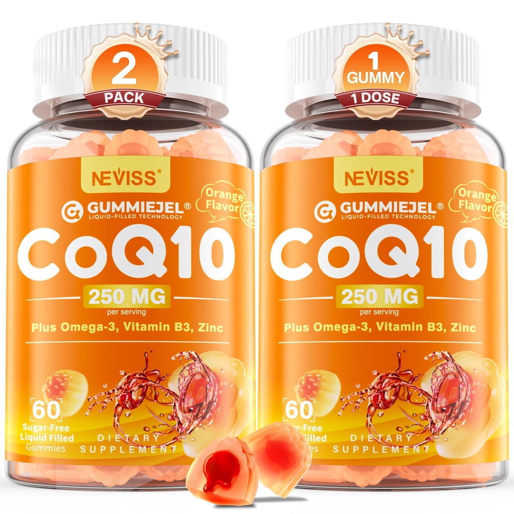 Sugar-Free CoQ10-250mg Filled Gummies Plus Omega-3, Zinc & B3, 2-Pack | 5x Absorption, Coenzyme Q10 Supplements for Hear-t Health, Cellular Energy & Antioxidant Support, 250mg CoQ10 per Gummy