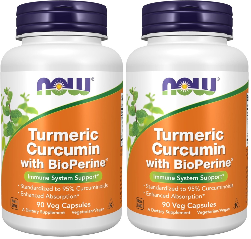Now Supplements,Turmeric Curcumin with BioPerine,Immune System Support,Standardized to 95% Curcuminoids,Enhanced Absorption*,90 Veg Capsules,(Pack of 2)