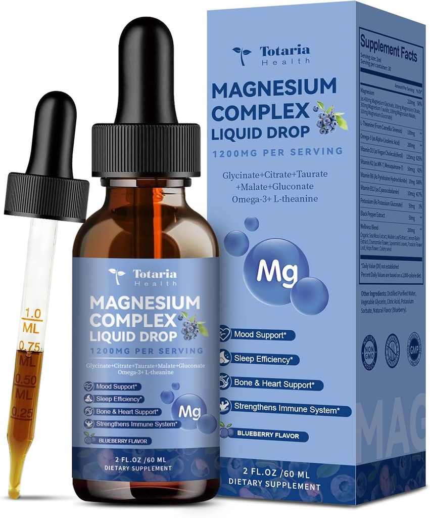 21 w 1 Magnezu glicynian złożone krople płynne z witaminą D3, K2, B6 i B12 Plus L-Theanine Omega-3 Sea Moss Extract for Energy, Sen, Joint, Heart Health Sugar Free Blueberry Flavor, 2 Fl Oz