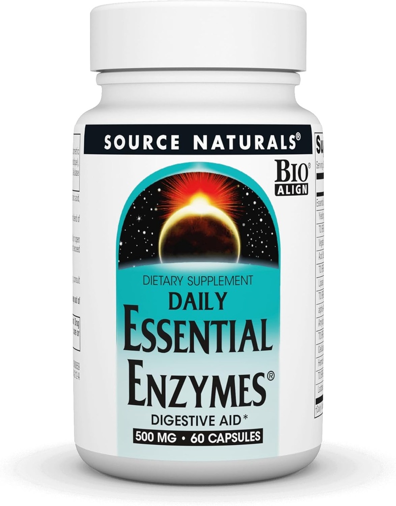 Source Naturals Essential Enzymes 500mg Bio-Aligned Multiple Enzyme Supplement Herbal Defense for Digestion, Gas, Constipation & Bloating Relief - Supports A Strong Immune System - 60 Capsules