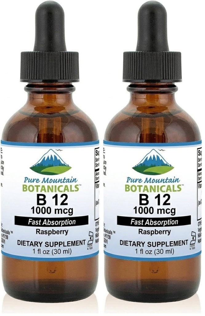 Pure Mountain Botanicals B12 1000 mcg - B12 Complex - Natural Berry Flavor - 30 Servings - Liquid Drops Vitamin - Kosher Supplement (Pack of 2)