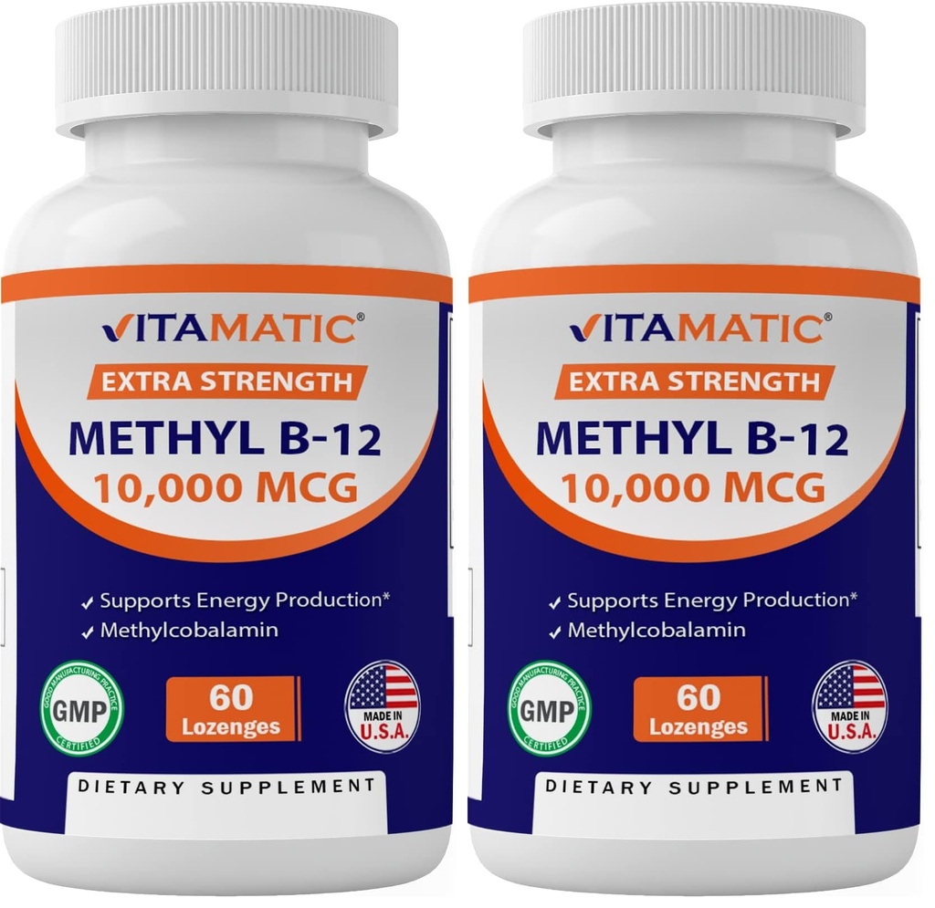 Vitamatic Methyl B12 (Methylcobalamin) 10,000 mcg – 60 Lozenges – Superior Source of Vitamin B12 for Energy & Nerve Health (Pack of 2)