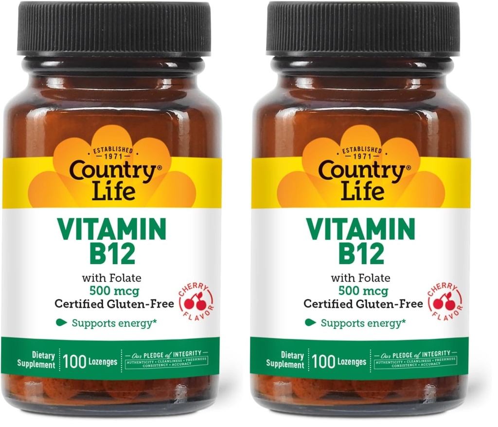 Country Life Vitamin B12 with Folate, Supports Energy & Red Blood Cell Production, 500mcg, 100 Lozenges, Certified Gluten Free, Certified Vegan, Certified Halal, Non-GMO Verified (Pack of 2)