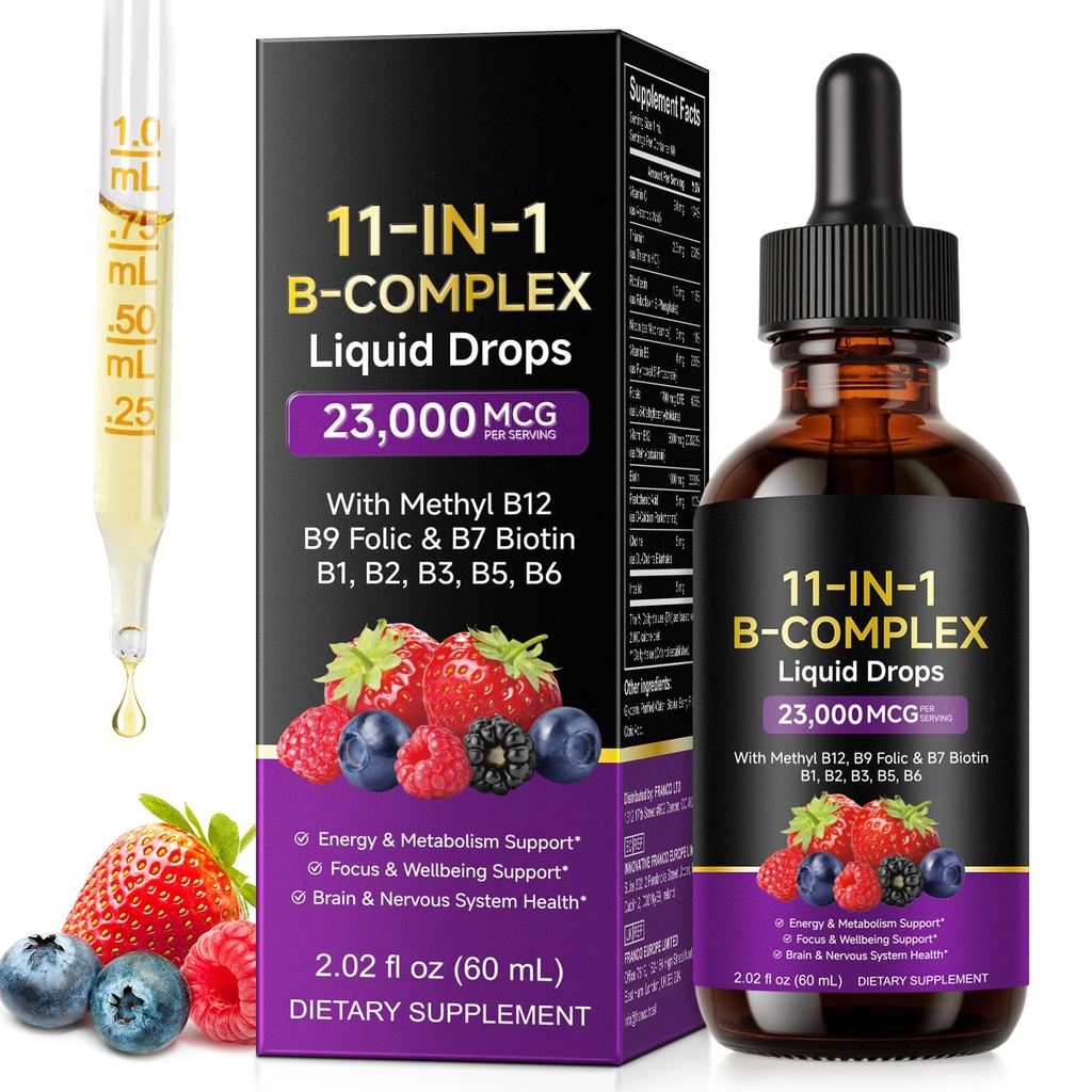 Vitamin B Complex,Vitamin B12 Liquid Drops,B12 Methylcobalamin | B9 Folic | B1,B2,B3,B5,B6,B7 | Immune & Energy Metabolism,Berry Flavor | for Women & Men-Vegan，Non-GMO