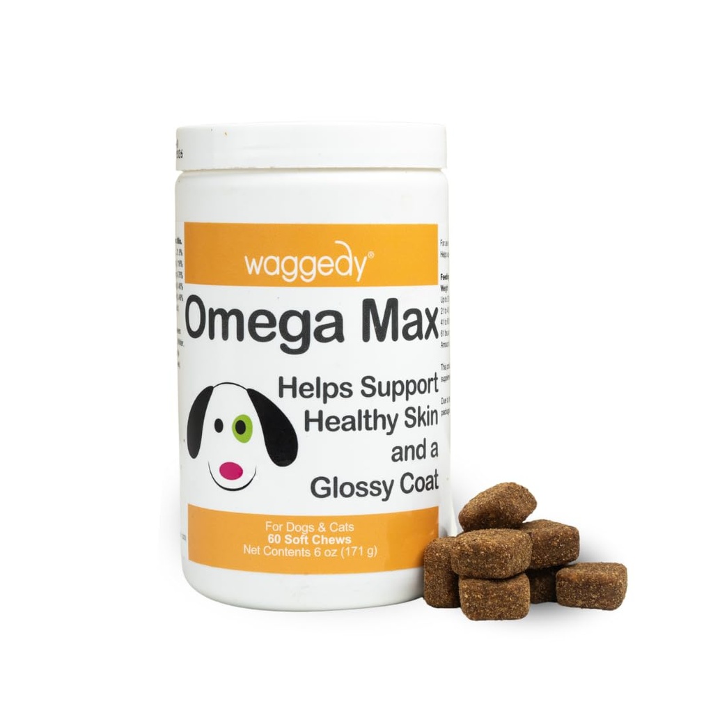 waggedy Omega Max Chews for Dogs with Salmon Oil & Flaxseed — Dog Essentials for Shiny Coats & Healthy Skin — Dog Supplements & Vitamins (60 Chews)