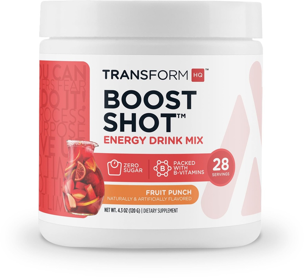 TransformHQ Energy & Focus Powder (Fruit Punch) 28 Servings, Gluten-Free | Boost Shot Clean Energy Drink Mix, Sugar Free, GMO-Free