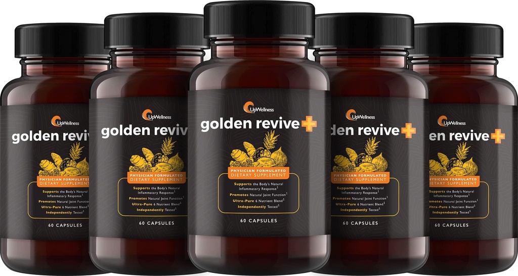 UpWellness Golden Revive + Joint Support Supplement Featuring Turmeric with Black Pepper, Quercetin, and Magnesium- Turmeric Boswellia Supplement - 6 Active Ingredients - 60 Capsules, 5 Pack