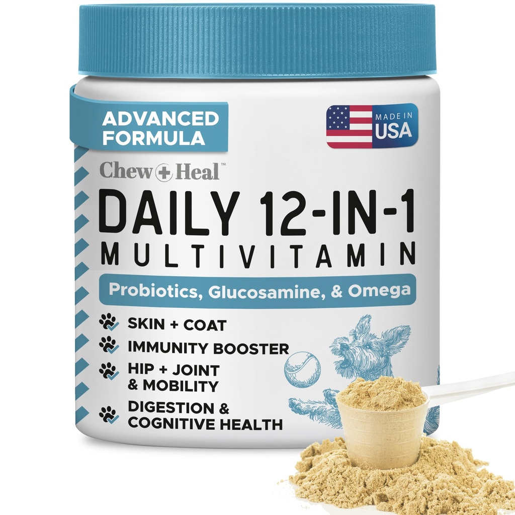 Dog Multivitamin Powder – 12-in-1 Formula with Probiotics, 5.4 oz | Puppy and Senior Dog Vitamins and Supplements, Glucosamine, Omega 3,6,9, Vitamins, Probiotics, and More