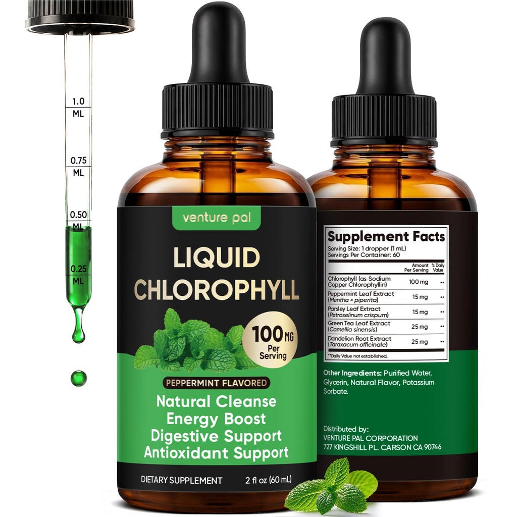 Venture Pal Liquid Chlorophyll Drops, 100mg 5-in-1 BotaniComplex Formula with Peppermint and Parsley, 60 Servings