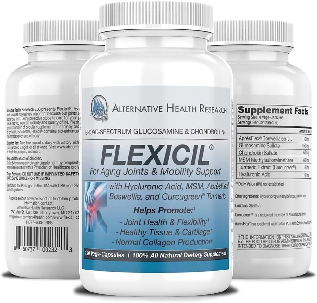 Flexicil Advanced Joint Mobility & Support | Glucosamine, Chondroitin, MSM, ácido hialurónico, Turmeric, Boswellia | Ingredientes Bio-Enhanced Broad-Spectrum | 120 Vege-Capsules | Oferta de 30 días