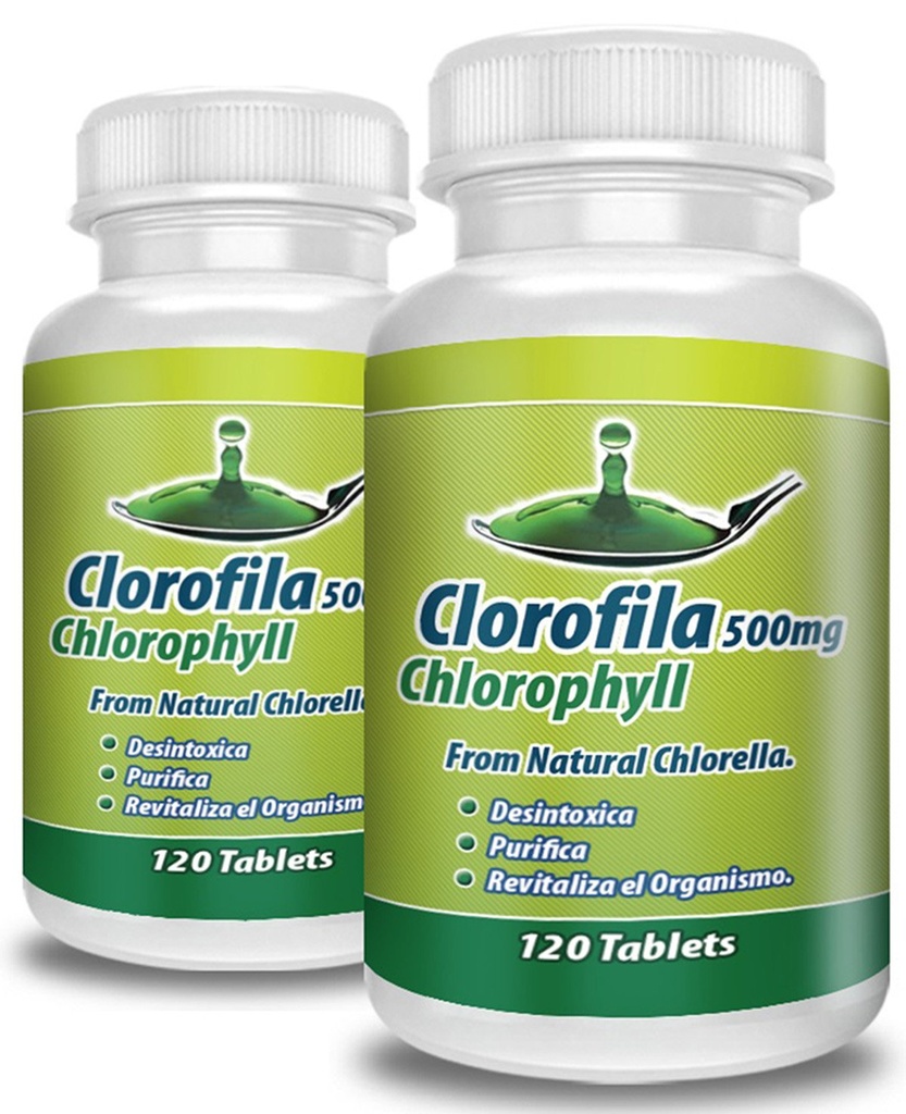 Clorofila en tabletas. Set de 2 frascos con 120 tabletas CADA uno. Desintoxica y purifica la Sangre, ayuda a la Digestion, combate estrenimiento, mejora el sistema Immune.100% Natural.