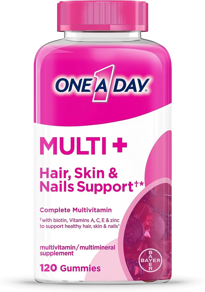 ONE A DAY Multi+ Волосся, шкіри та нігті, Multivitamin + Boost підтримки для здорового волосся, шкіри та нігтів з біотином та вітамінами A, C, E & цинк ,Gummy 120 Count (2 місяці постачання)