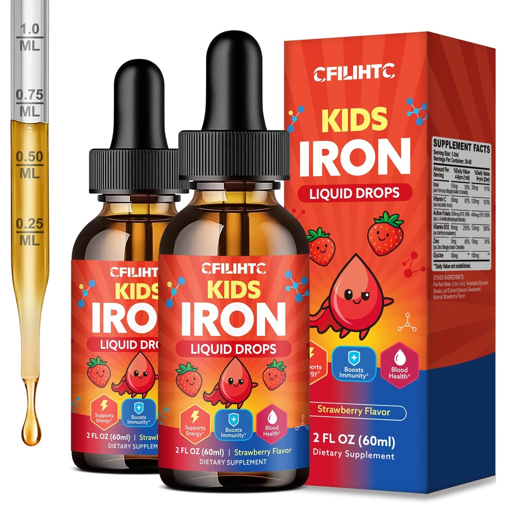Iron Supplements for Kids Ages 4+, Liquid Iron Drops with Ferrous Bisglycinate, Vitamin C, Active Folate, B12, Zinc & Glycine, Kids Multivitamin with Iron, No Added Sugar, Strawberry Flavor, 4 Fl Oz