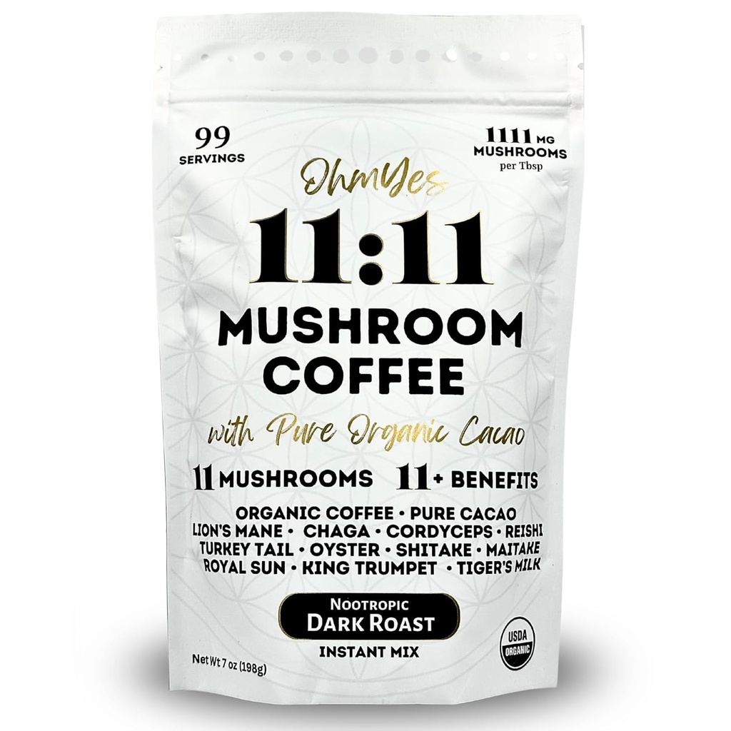Ohmyes 11 Café de hongos con Cacao – 11 EE.UU. Mushrooms Adaptogénicos para Focus, Clarity & Energy – Lion’s Mane, Reishi, Chaga + Nootropic Organic Superfood by OhmSí (7oz) - 99 Servings