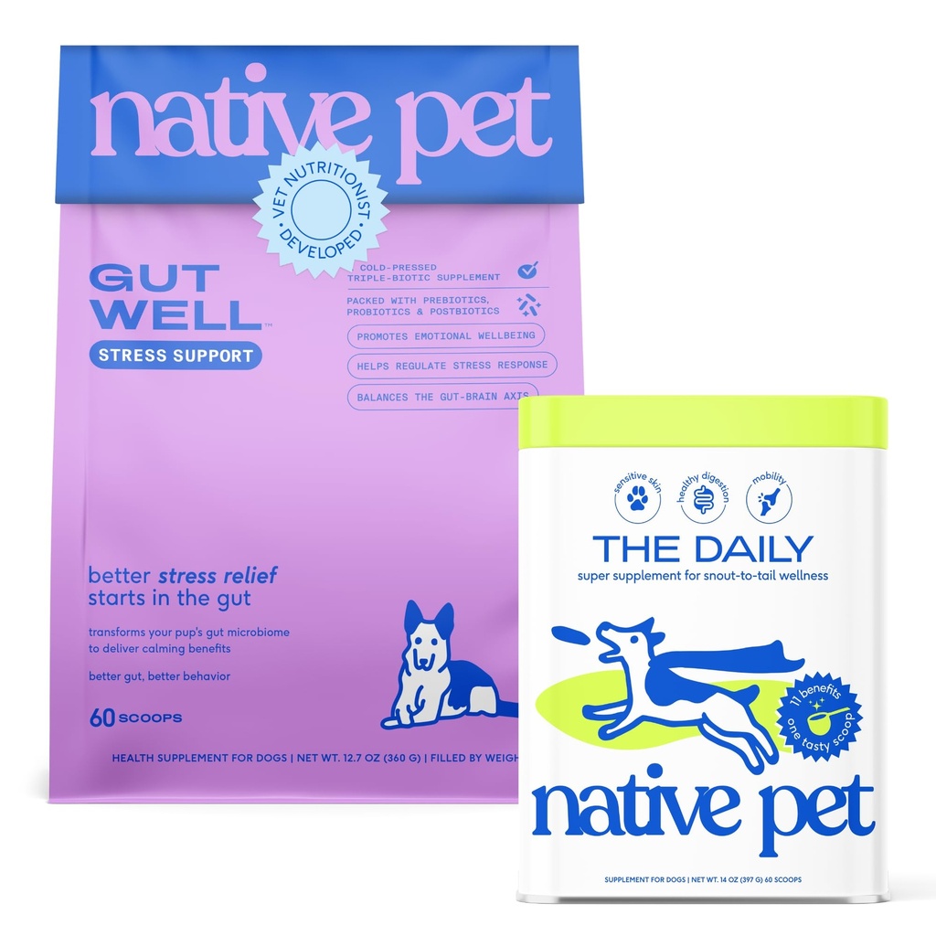 Native Pet Stress Support & Multivitamin Bundle: GutWell Stress Support - Dog Anxiety Relief & Dog Vitamins & Supplements - 11-in-1 Multivitamin Powder Food Topper for Overall Health - 60 Scoops
