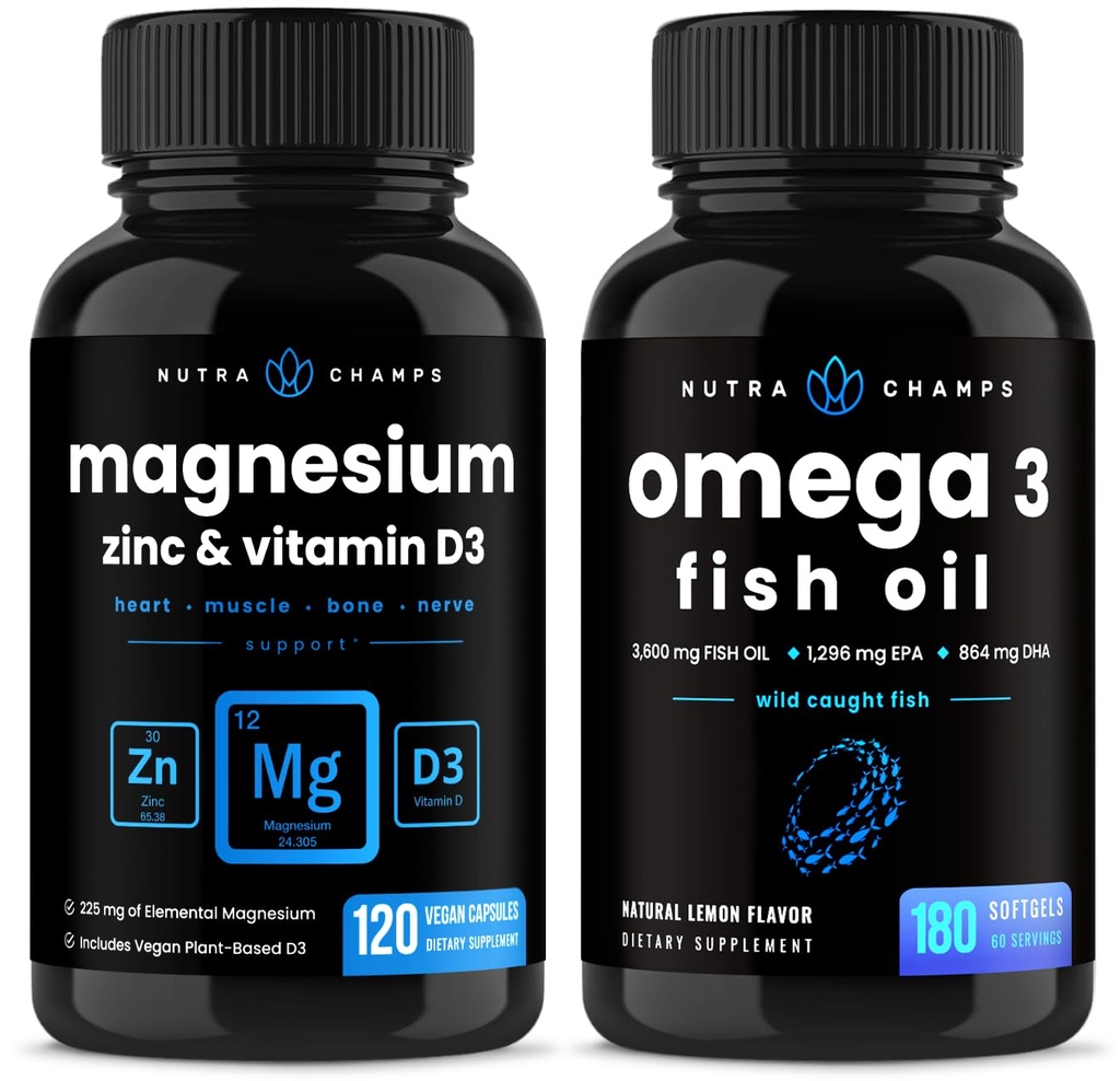 NutraChamps Magnesium Zinc & Vitamin D3 Capsules and Omega 3 Fish Oil Capsules 2 Pack Bundle