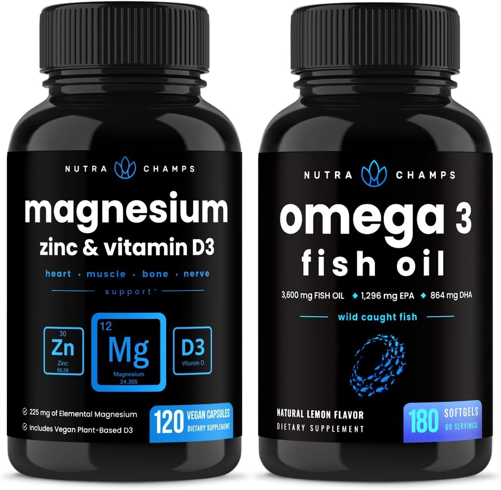 NutraChamps Magnesium Zink & Vitamin D3 Kapseln und Omega 3 Fischöl Kapseln 2 Packung Bundle