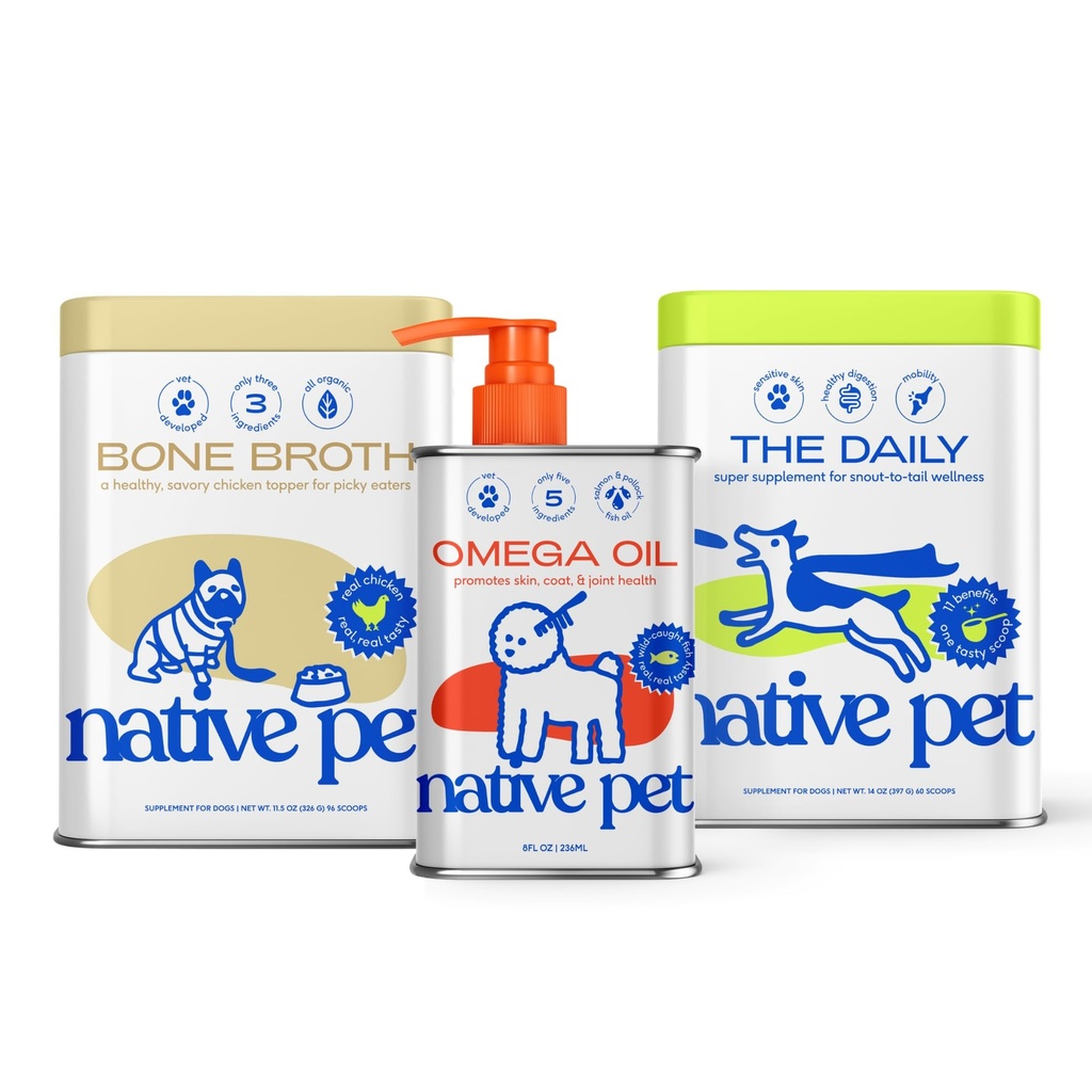 Native Pet Daily Wellness Bundle & Chicken Bone Broth Powder – 11-in-1 Vitamins and Supplements, Omega 3 Fish Oil for Dogs & Dog Food Toppers - Supports Skin, Coat, Joint & Immune Support