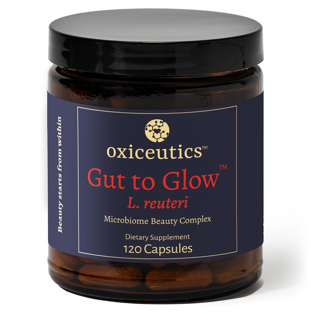 Oxiceutics Gut to Glow – L. reuteri Probiotic with Marine Collagen, 120 Ct | With Hyaluronic Acid – Lactobacillus reuteri and marine collagen capsules developed with William Davis, MD