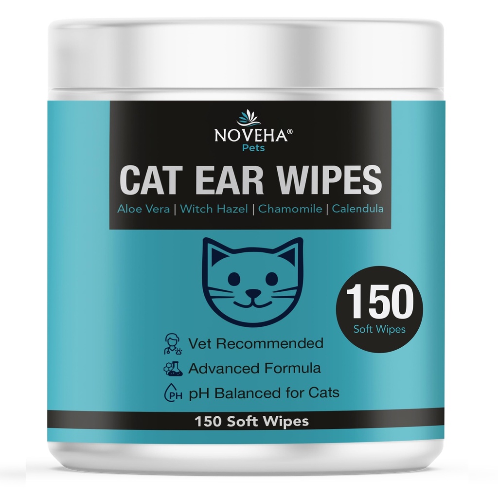 NOVEHA 150 PCs Cat Ear Wipes that Gently Clean & Soothe Sensitive Cat Ears; Soft Ear Cleaner for Removing Wax, Dirt & Odor; Alcohol-Free Ear Care with pH Balanced Formula; Unscented Grooming Care