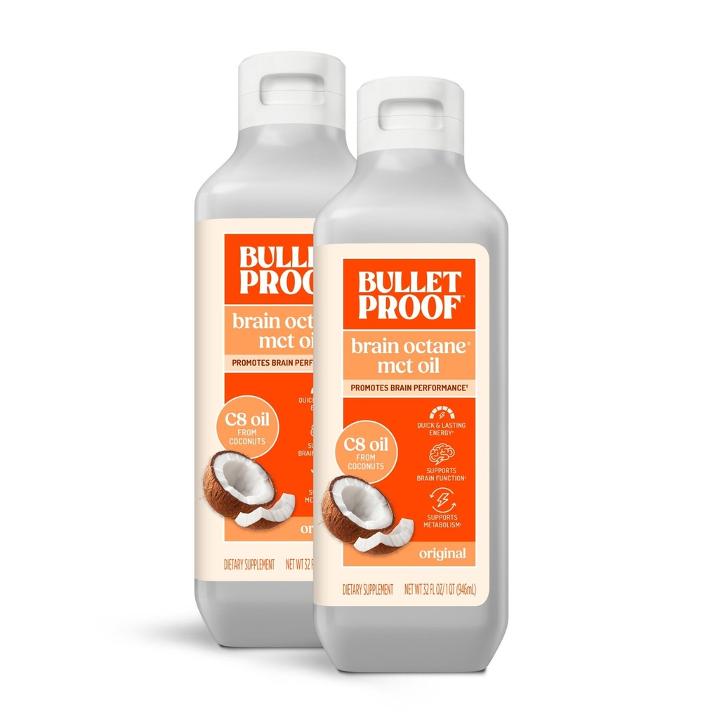 Bulletproof Brain Octane C8 MCT Oil, 32 oz (Pack of 2) – 100% Pure Coconut Oil, Triple-Distilled Keto Energy Supplement for Coffee & Smoothies, Unflavored, No Additives or Fillers, Non-GMO