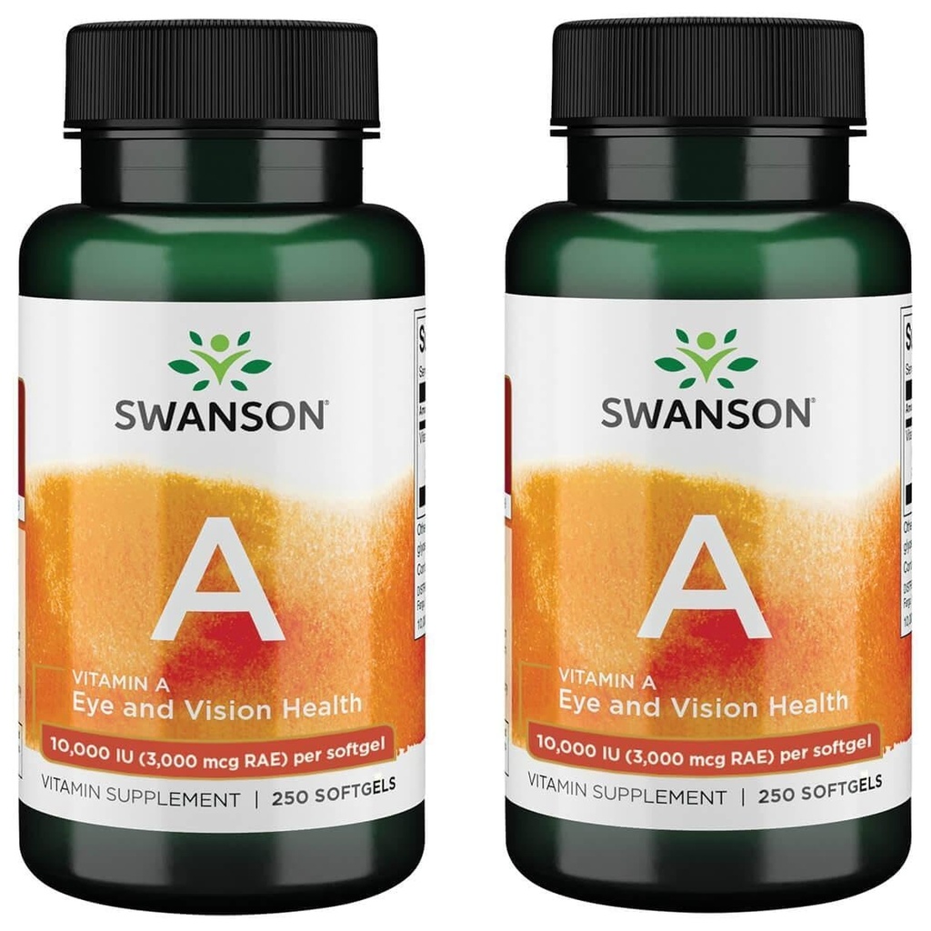 Swanson Vitamin A 10,000 IU (3,000 mcg RAE) Natural Nourishment for Bone, Skin Health, Vision Support & Immune System Function - High Absorption Vitamin A 250 Softgels (2 Pack)