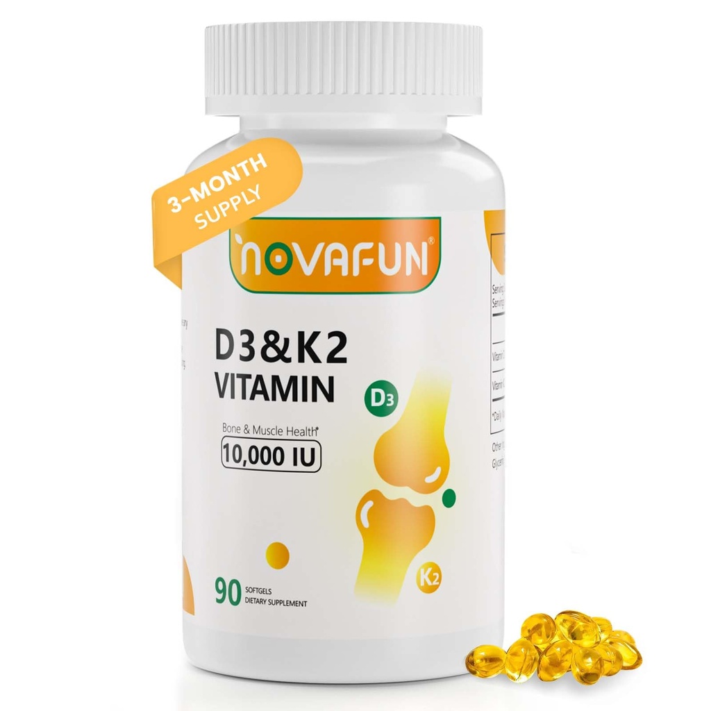 Noavfun Vitamin D3 K2 10000 IU Supplement with Coconut Oil, 90 Softgels - High Potency VIT D3 250mcg & K2 MK7 200mcg - Supports Bone, Teeth & Calcium Absorption