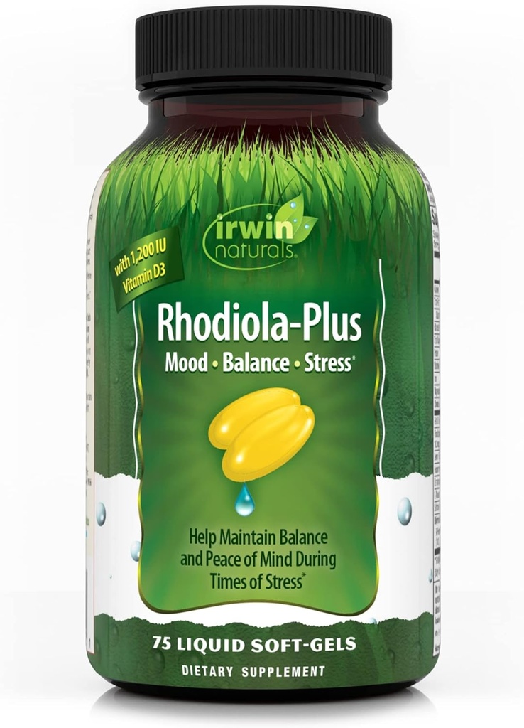Irwin Naturals Rhodiola-Plus - 75 Liquid Soft-Gels - Hilft Gleichgewicht und Frieden des Geistes - mit L-Theanin, Vitamin D3 & Magnesium - 25 Servierungen