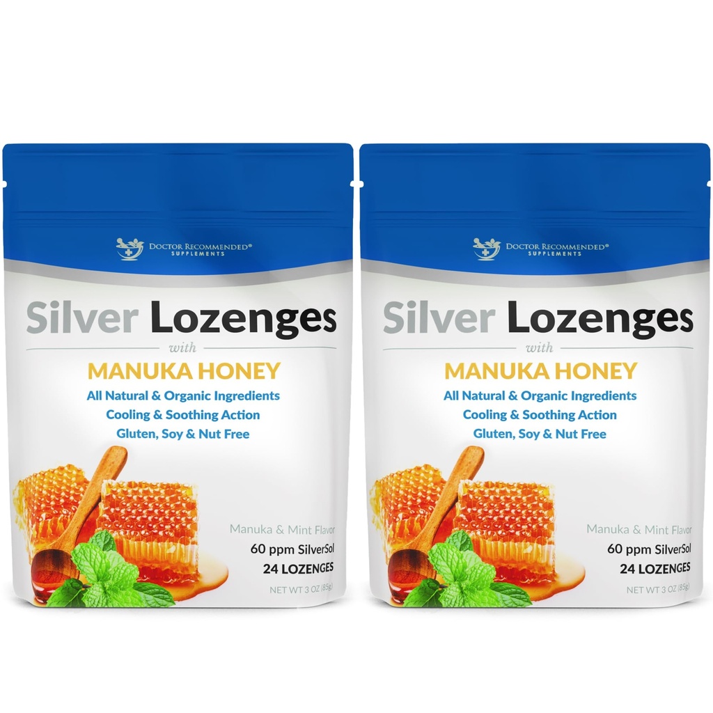 Silver Lozenges with Organic Manuka Honey and Vitamin C - All-Natural Nano Silver 45-50mcg of 60 PPM Colloidal Silver Mineral Drops to Support Immune System, Soothe, Cool Cough & Throat, 48-Lozenges