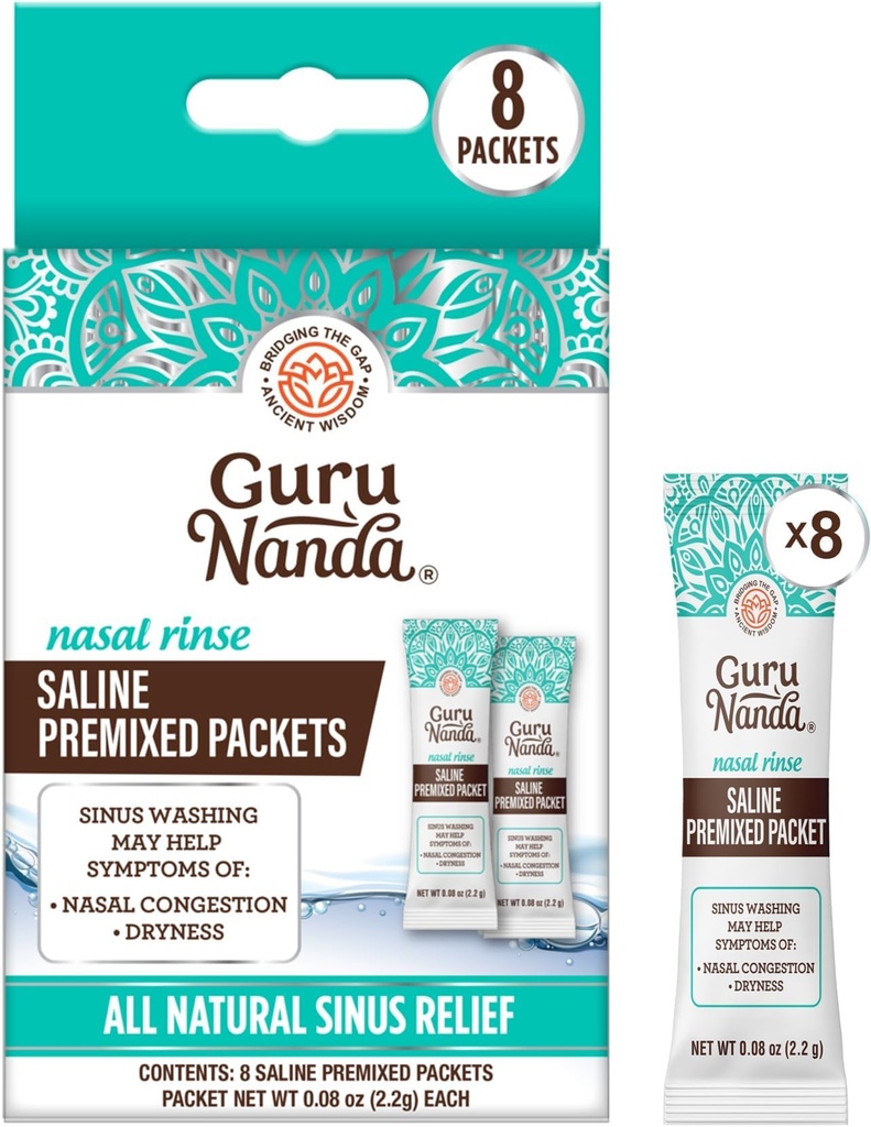 GuruNanda PreMixed Saline Packets for Nasal Rinse (8 Count), All Natural Sinus Rinse Packets to Help with Allergies & Congestion Relief, 0.08oz Each (Pack of 6)