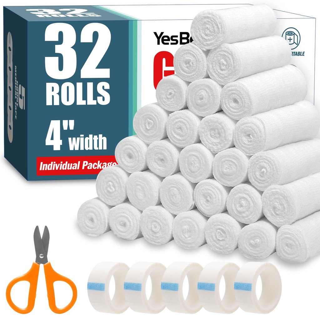 YesBes 32 Pack Gauze Rolls, 4 in x 4.1 Yards, Premium Gauze Wrap Roll for Wounds, Bandage Wrap Rolled Gauzes, Mummy Wraps, Individually Wrapped