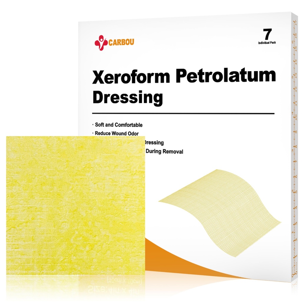 Carbou 7 Pack Xeroform Petrolatum Dressing 4"x4", Soft Non Stick Gauze Pads | Breathable Fine Mesh Gauze Patch for Light Exudate Wound Care, Burns, Lacerations, Skin Grafts & Surgical Incisions