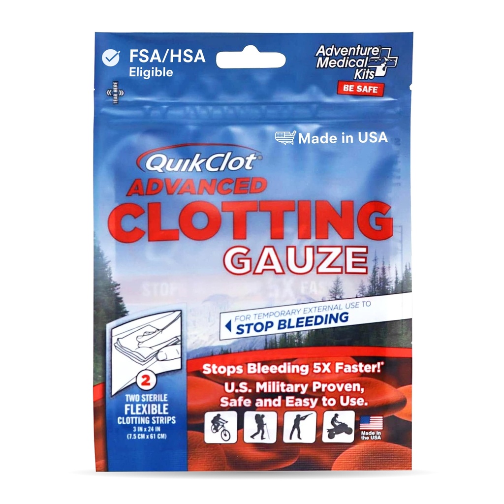 QuikClot Kaolin Clotting Gauze 2', 2 Pack | Stops Bleeding Up to 5X Faster Than Standard Gauze with Kaolin Hemostatic Technology Trusted by Medical Professionals
