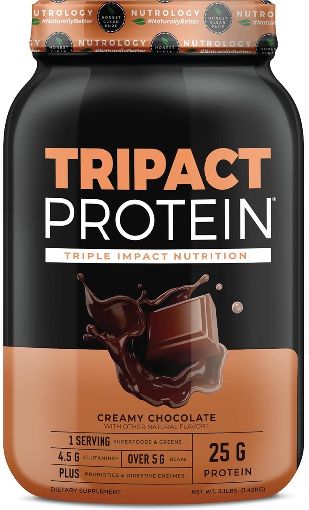 Nutriology TRIPACT Protein Powder - 7-in-1 Replacement Shake with Grass Fed Whey Protein Powder, Pea, Rice, Greens for Muscle Recovery & Immunity, Creamy Chocolate Sabor, 40 Servings