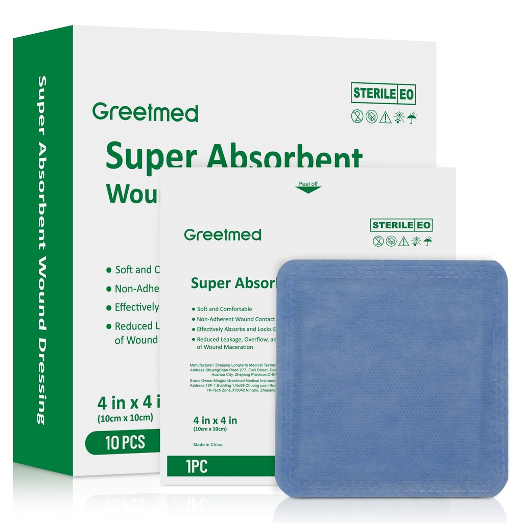 Super Absorbent Wound Dressing 4"x 4" 10 Individual Pack Fast Healing Wound Care Non Stick Bandages Gauze Pads for Surgical Ulcer High Exudating Wounds Burns Lacerations