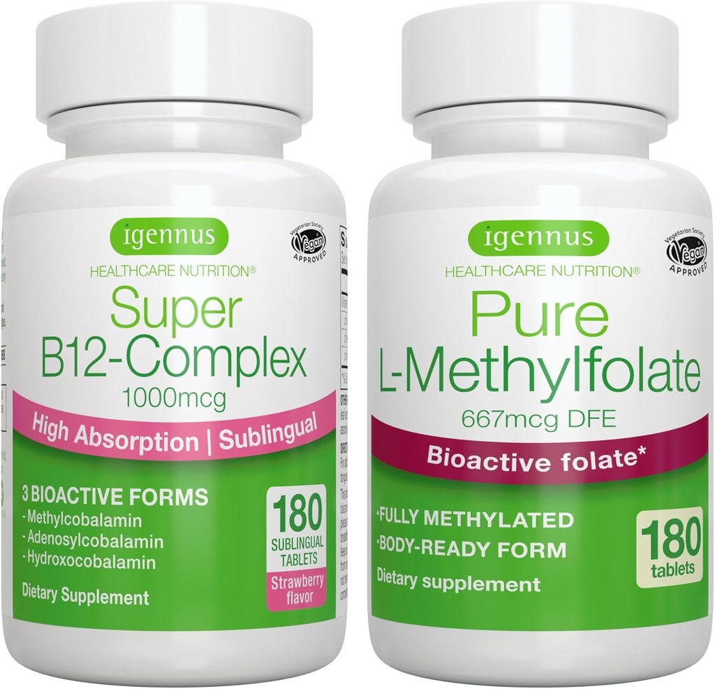 Super B12- Complex 1000mcg + Pure Folate 400µg Vegan Bundle, High Absorbtion Poliežuvinis Vitaminas B12 su metilkobalaminu, Adenosilkobalaminas ir hidroksokobalaminas + Optimizuotas Igennus L- metilfolatas