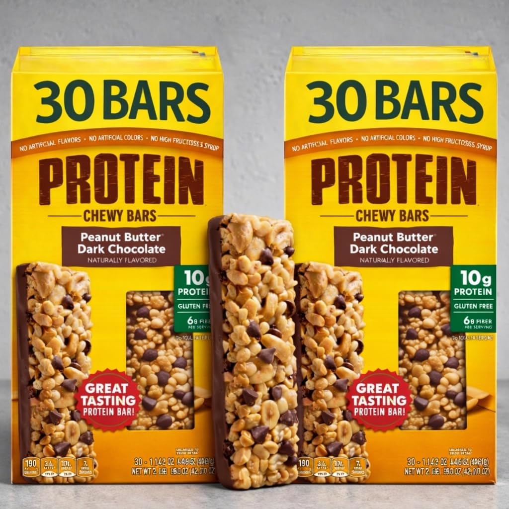 Protein Bars Peanut Butter Dark Chocolate – Bulk Family 2 Pack Chewy Snack Bars, 60 Bars, 10g Protein, Gluten Free Energy Bars, 1.42 oz Each (85.2 oz Total)