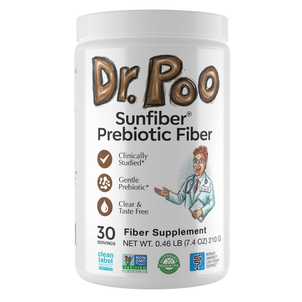 Dr. Poo Sunfiber Prebiotic Fiber for Gentle Regularity, 30 Servings | Family-friendly Sunfiber prebiotic fiber; tasteless, low-FODMAP; gentle everyday regularity.