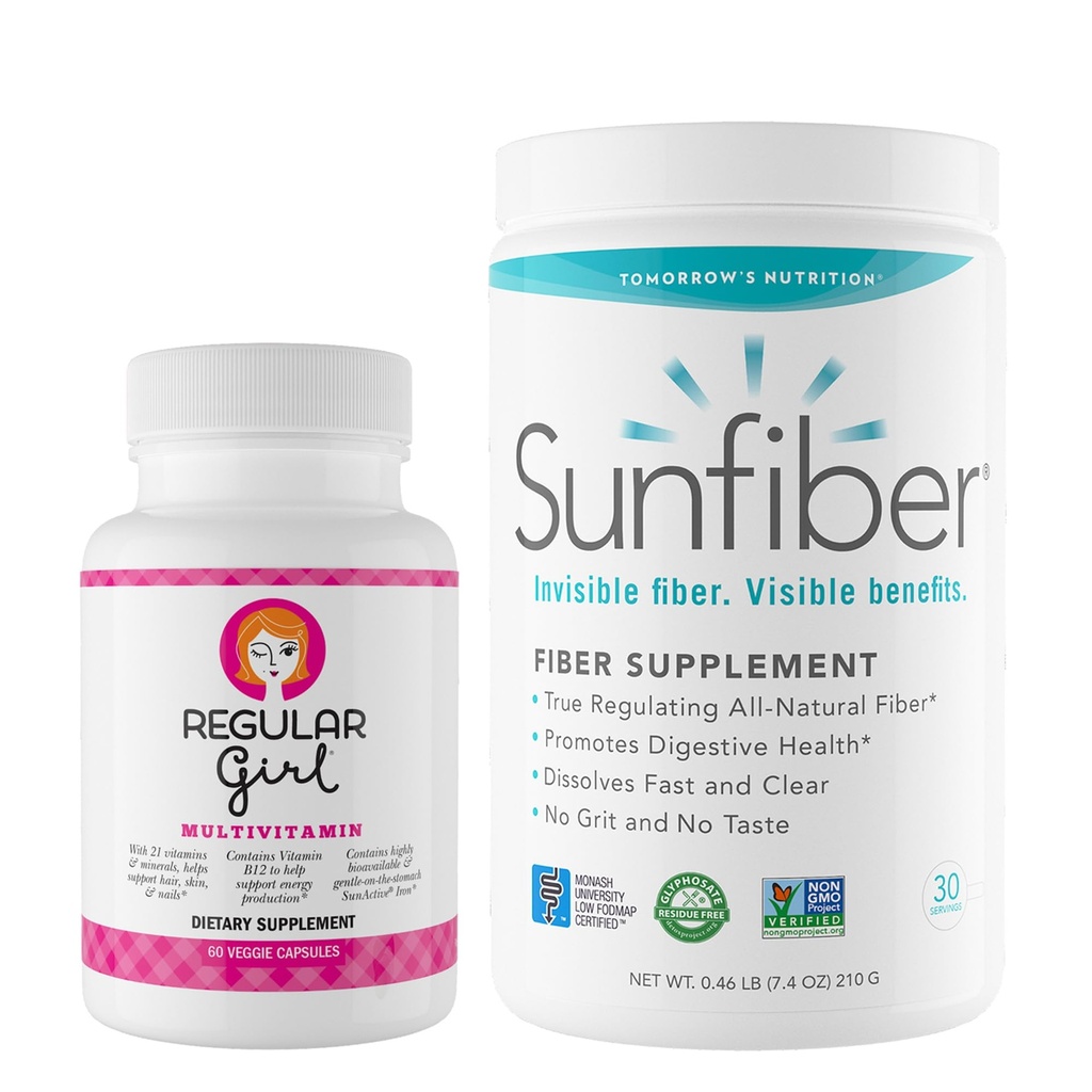 Regular Girl Tomorrow's Nutrition, Women’s Multivitamin (30 Servings) and Sunfiber 210 G Prebiotic Fiber (30 Servings) Bundle, Energy and Low FODMAP Digestive Support