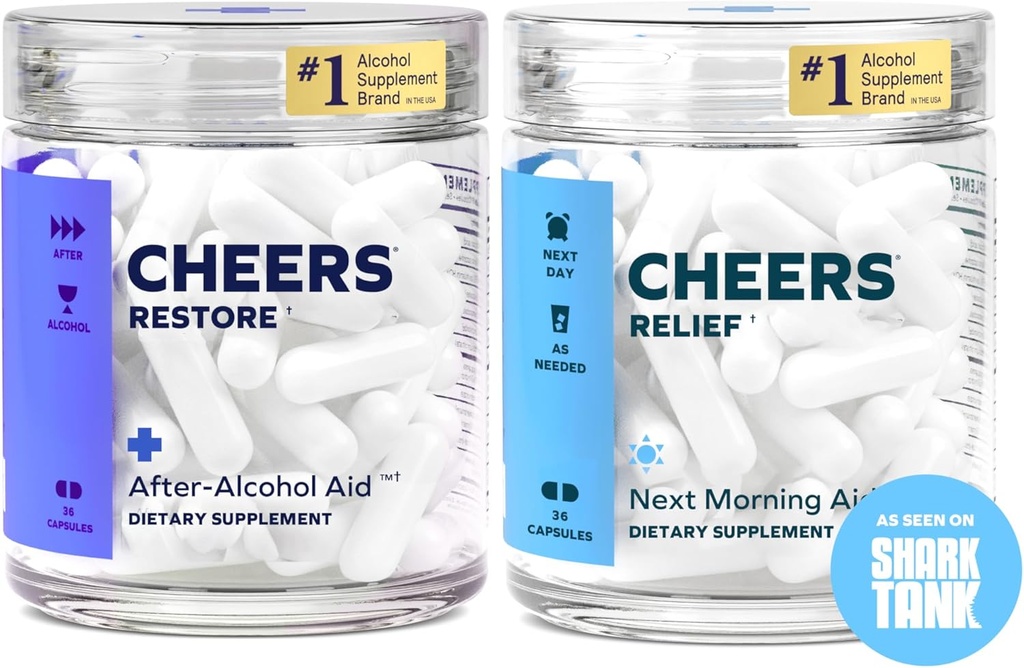 Cheers R&R Combo | Restore + Relief | Feel Better After Drinking & Support Your Liver | DHM, L-Cysteine, Milk Thistle, Ginger, White Willow Bark, Caffeine, L-Theanine | 12 Doses Each | Supplements