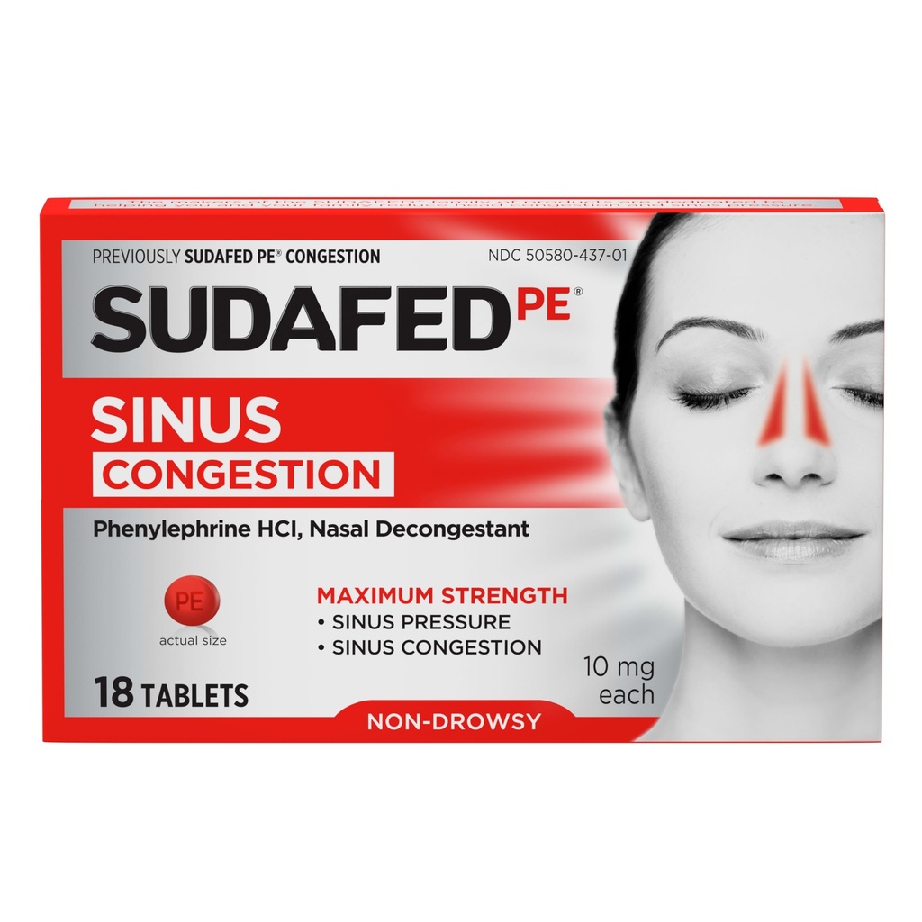 Sudafed PE Sinus Congestion Relief Tablets, 10 mg Phenylephrine HCl, 18 ct | Maximum Strength, Non-Drowsy Decongestant for Sinus Pressure & Nasal Congestion Relief from Colds or Allergies
