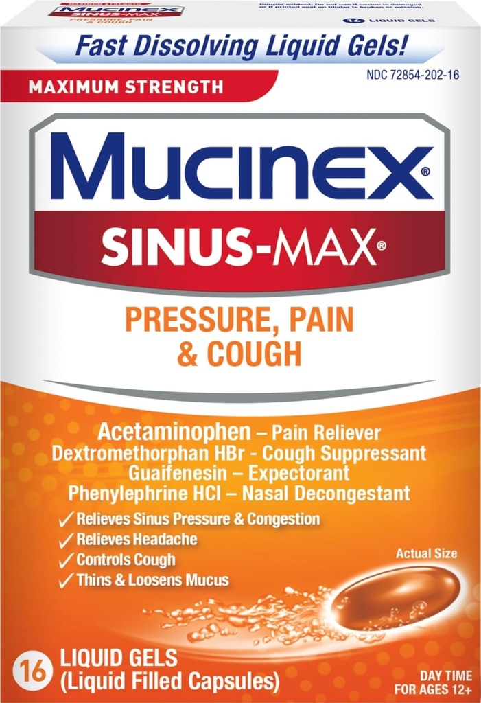 Mucinex Sinus-Max Liquid Gels for Severe Congestion Relief, 16 Count
