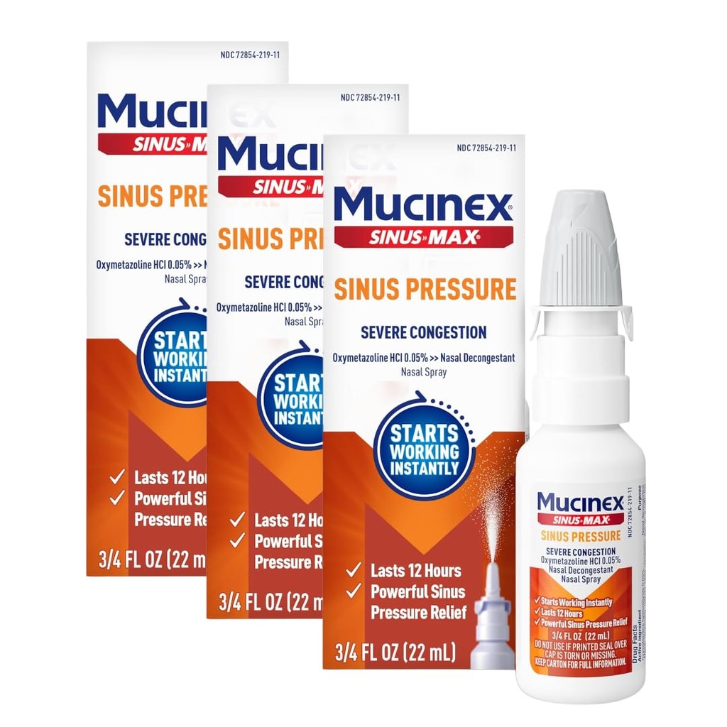 Mucinex Sinus-Max Nasal Spray for Sinus & Allergy, Fast-Acting & Fragrance Free, 12 Hour Severe Nasal Congestion Relief, 0.75 Fl Oz (Pack of 3)