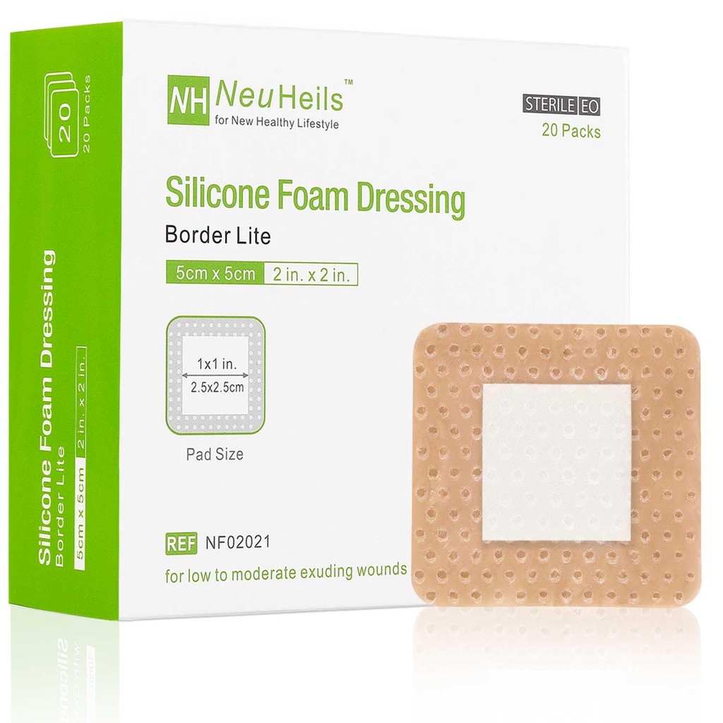 NeuHeils Silicone Foam Dressing Border Lite 2"x2", Pad 1"x1", 20 Pack | Small Pressure Ulcers, Leg Ulcers, Surgical Wounds & Skin Tears | High Absorbency, Painless Removal, Waterproof & Cushioned