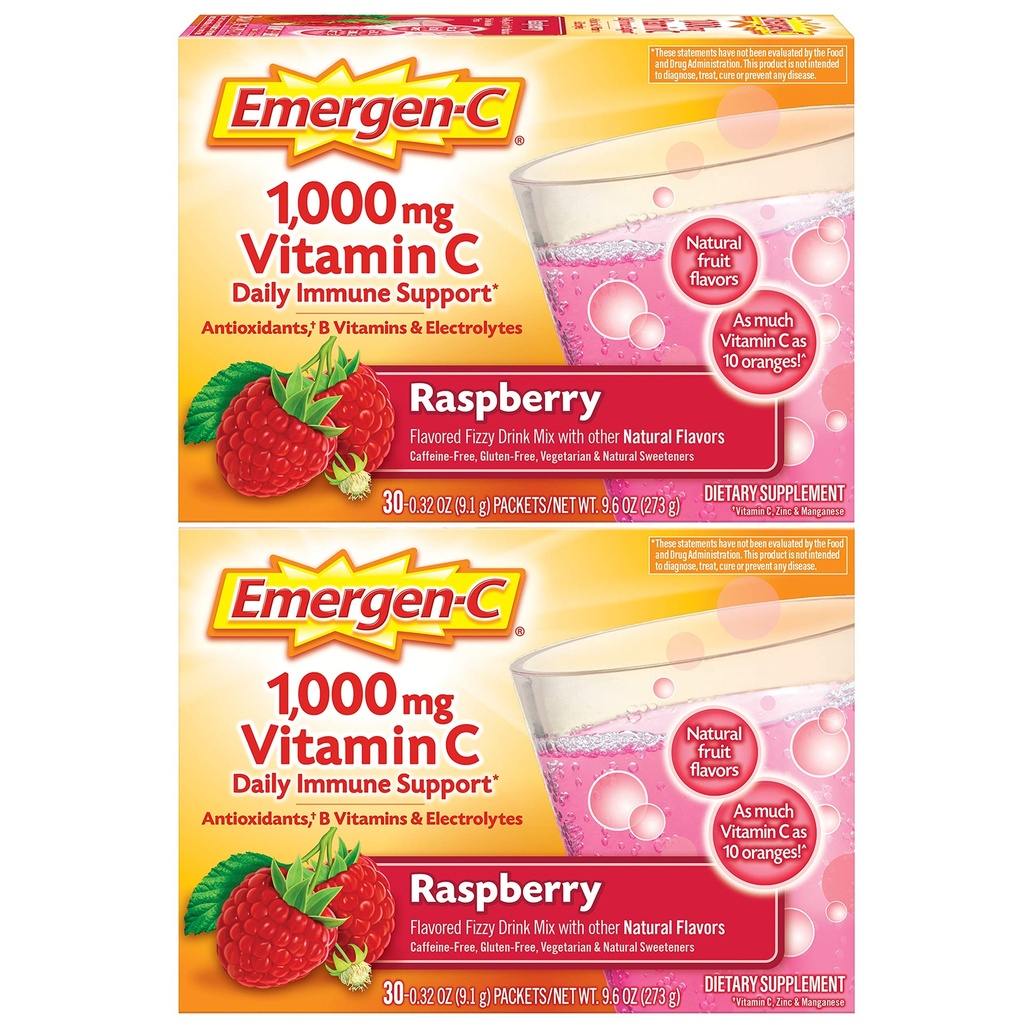 Emergen-C 1000mg Vitamin C Powder, with Antioxidants, B Vitamins and Electrolytes, Vitamin C Supplements for Immune Support, Caffeine Free Drink Mix, Raspberry Flavor - 60 Count/2 Month Supply